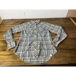 Vintage H Bar C Shirt Womens 36 Multicolor Plaid Pearl Snap Long Tail USA